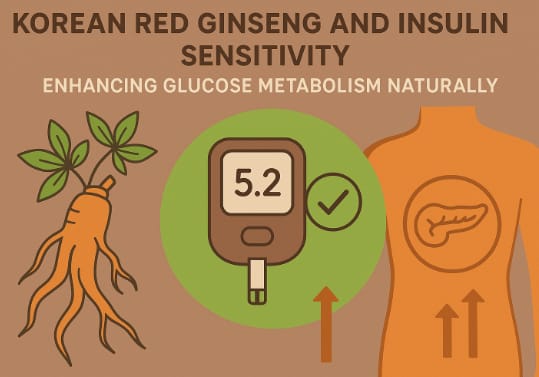 Korean Red Ginseng roots and molecular insulin icons representing improved glucose metabolism