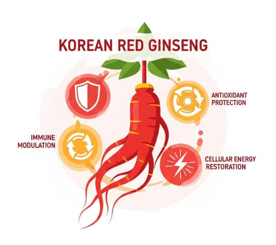 Korean Red Ginseng roots with immune cells and mitochondria illustration representing immune balance and energy recovery.