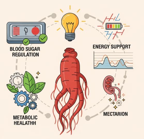 Korean Red Ginseng roots and tea with glucose meter, symbolizing natural blood sugar regulation and metabolic balance.