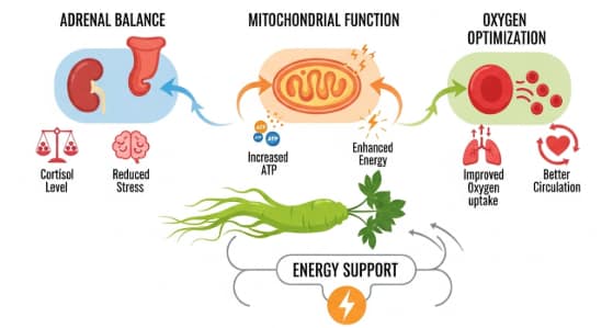 Illustrated diagram showing how ginseng enhances energy production, oxygen utilization, and stress balance.