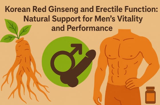 Korean Red Ginseng roots beside heart and vitality symbols representing improved male performance