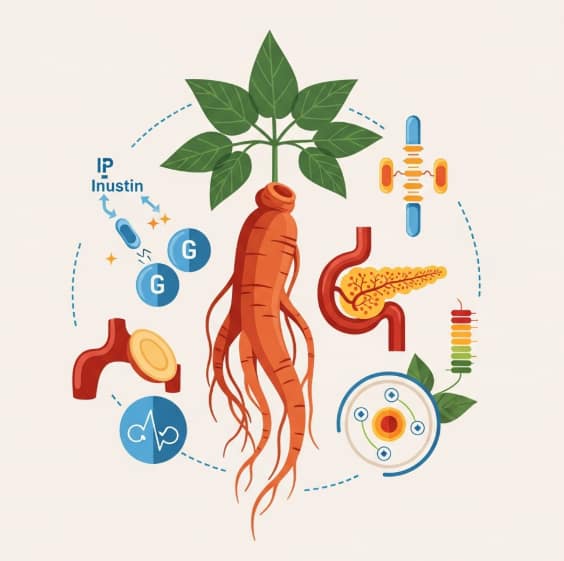 Korean Red Ginseng roots with glucose meter symbolizing enhanced insulin sensitivity and metabolic health.