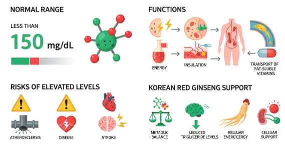 Infographic explaining triglycerides normal range and factors affecting healthy lipid levels