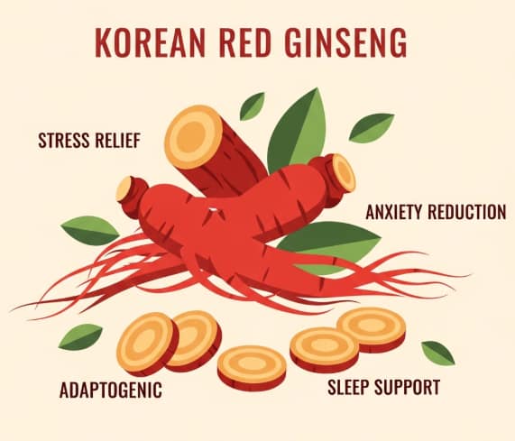 Korean red ginseng roots and tea for anxiety, stress relief and sleep improvement