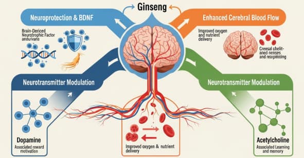 Infographic explaining 3 ways ginseng enhances focus: protecting brain cells, boosting blood flow, and modulating neurotransmitters.