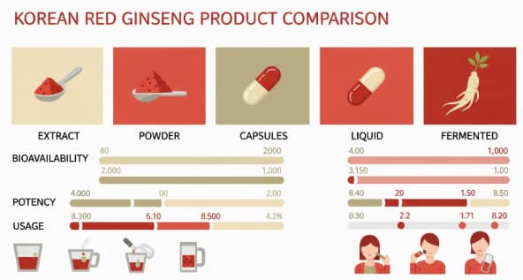 Comparison chart of Korean red ginseng forms including extract capsules powder and tea