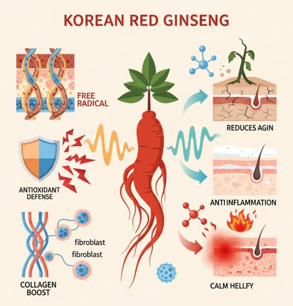 Korean Red Ginseng roots and skincare serum bottle on soft beige background