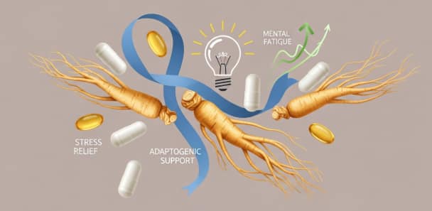 Korean ginseng roots and capsules illustrating natural stress relief and adaptogenic support.