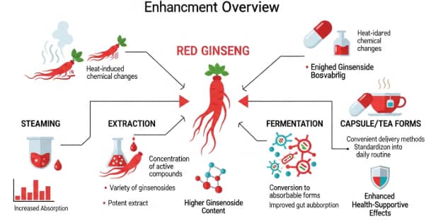 Different processed forms of red ginseng including extract, capsules, tea, and fermented forms