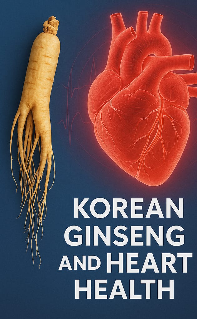 Korean Ginseng root with a glowing heart illustration symbolizing cardiovascular health