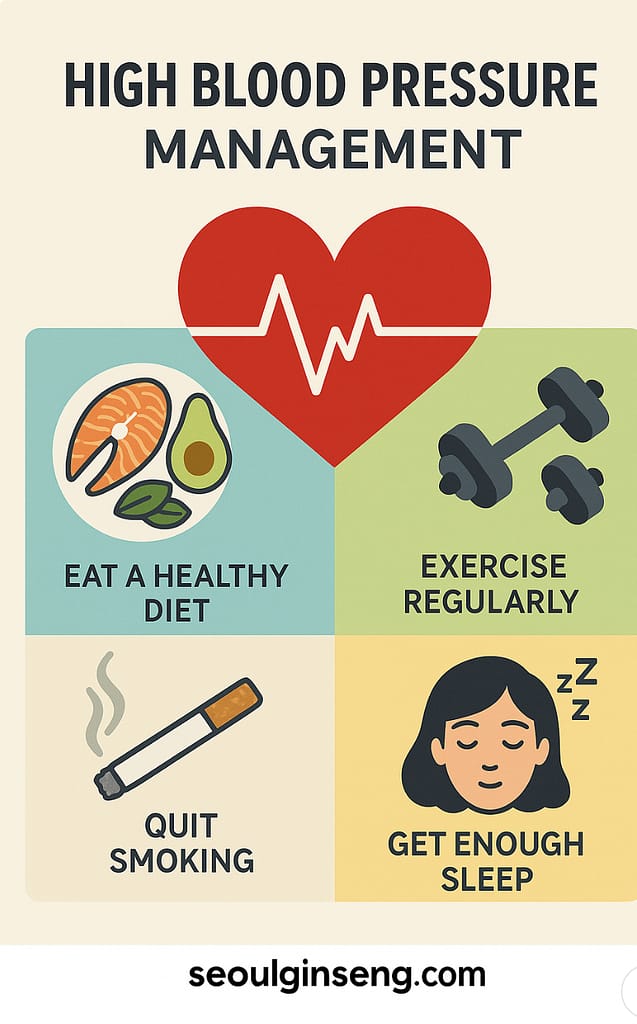 Infographic showing healthy lifestyle strategies for managing high blood pressure