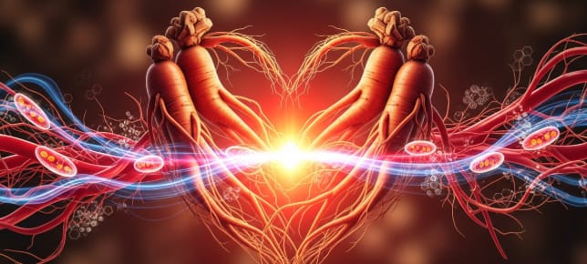 Korean Red Ginseng roots with heart and mitochondria illustration representing natural cardiovascular energy support.