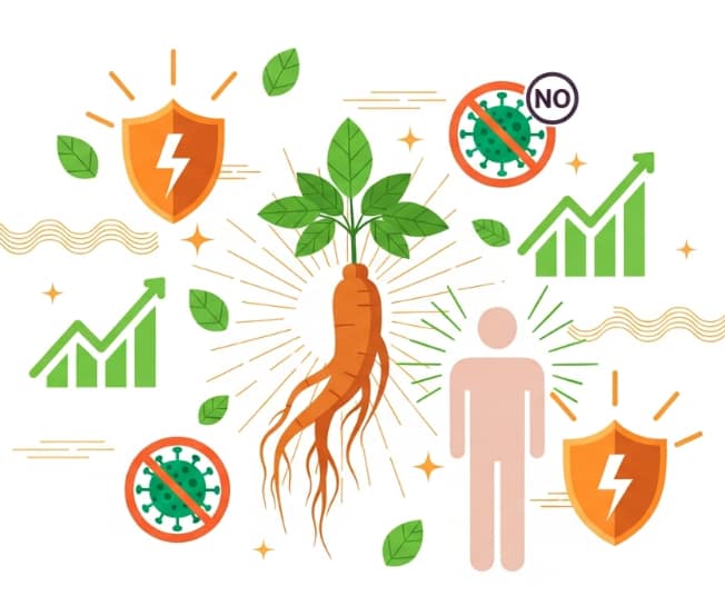 Korean Red Ginseng roots with shield symbol representing immune system defense and stress resilience