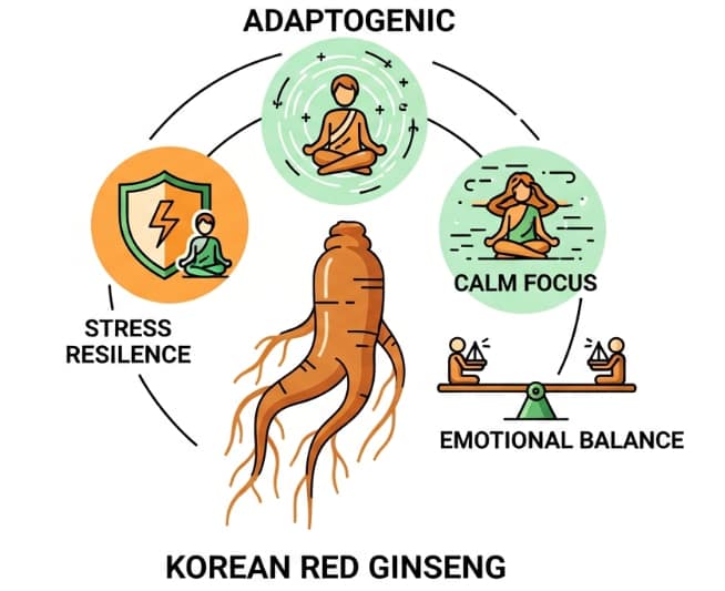 Korean Red Ginseng roots and calm meditating person representing stress relief and hormone balance