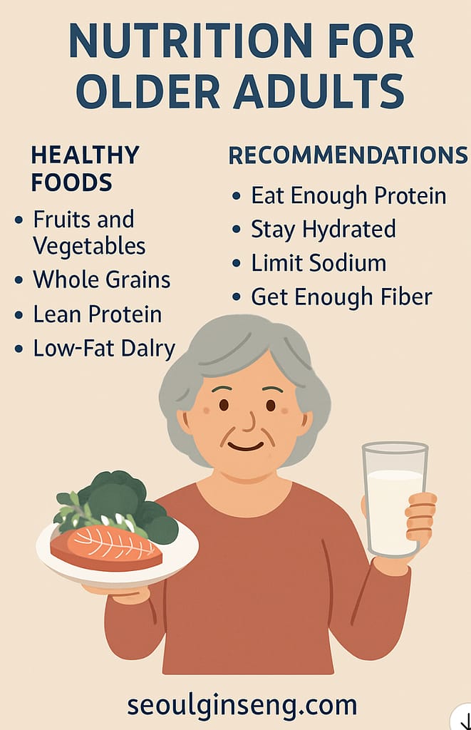 Illustration of older adult holding healthy meal and milk with senior nutrition tips