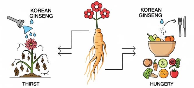 Illustration showing a person experiencing frequent thirst and hunger supported by Korean ginseng