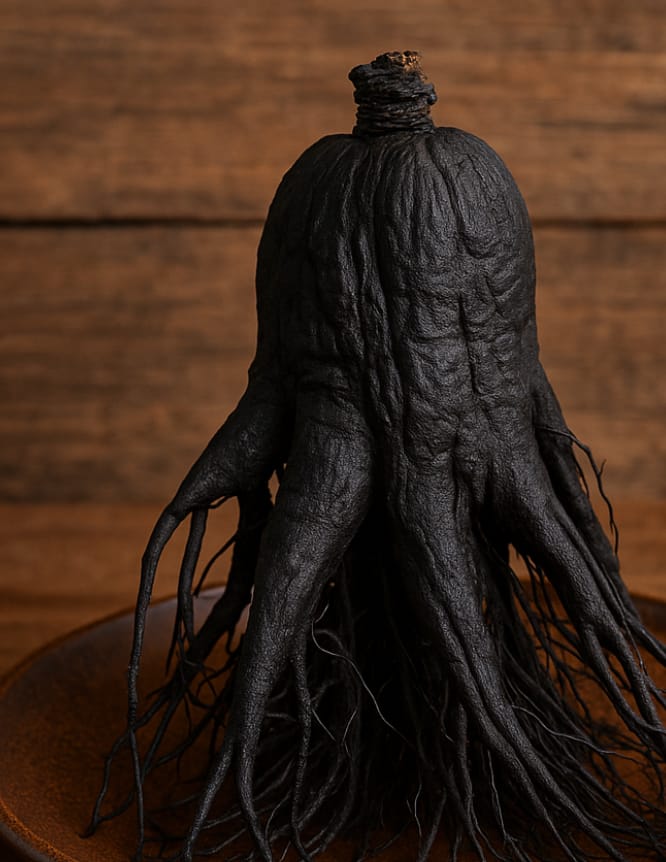 Whole black ginseng root on earthenware plate with rustic background