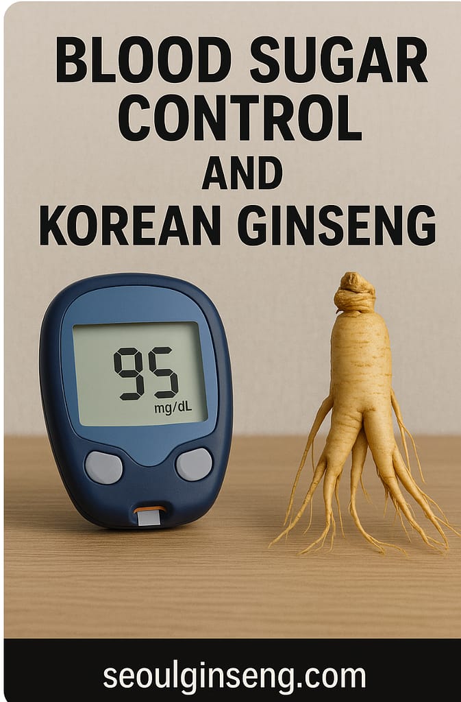 A glucose meter displaying 95 mg/dL next to a Korean ginseng root symbolizing natural blood sugar support.