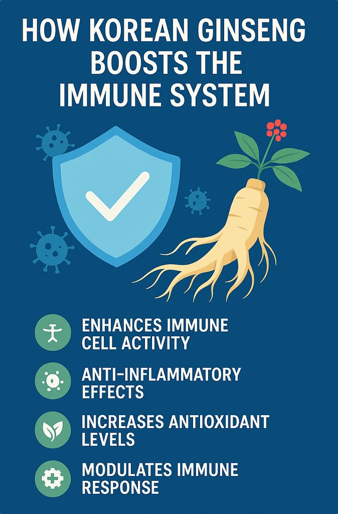 Infographic showing how Korean ginseng boosts the immune system with benefits like enhanced immune cells, reduced inflammation, and antioxidant protection