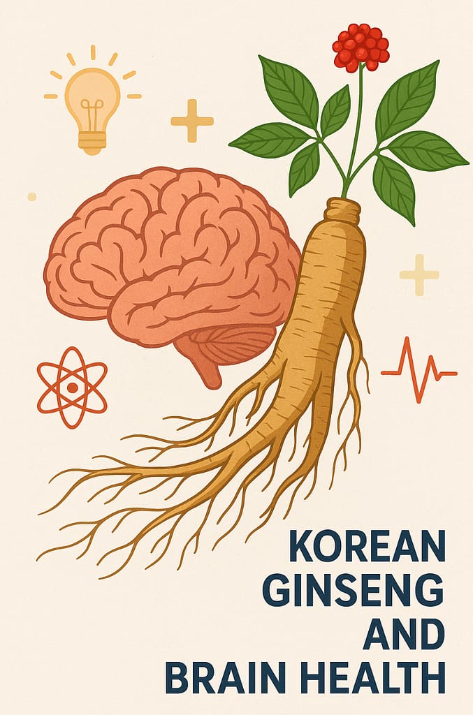 Korean ginseng root with human brain illustration showing cognitive benefits