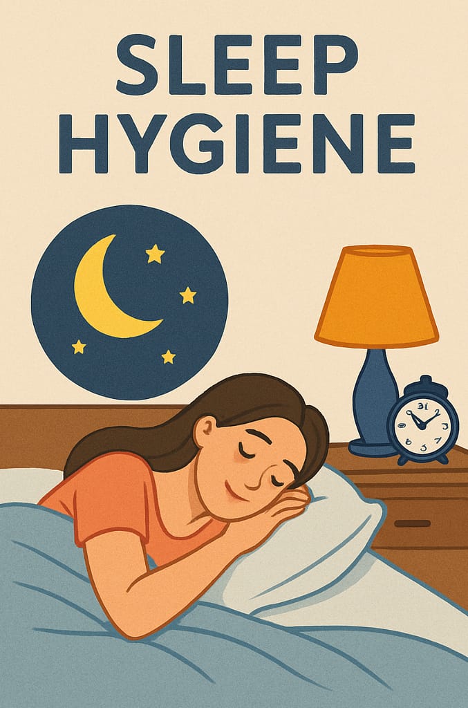 Woman peacefully sleeping with moon and clock symbolizing healthy sleep hygiene