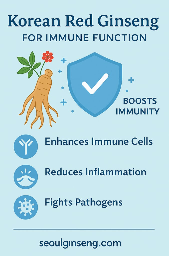 Korean Red Ginseng immune system infographic showing immune cell enhancement, reduced inflammation, and pathogen defense