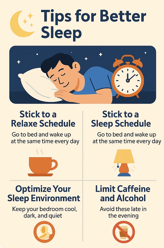 Infographic showing four tips for better sleep including consistent schedule, optimal environment, and limited caffeine