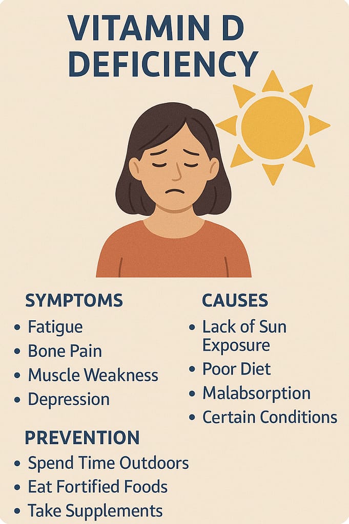 Illustration of woman under the sun with vitamin D deficiency symptoms and prevention tips