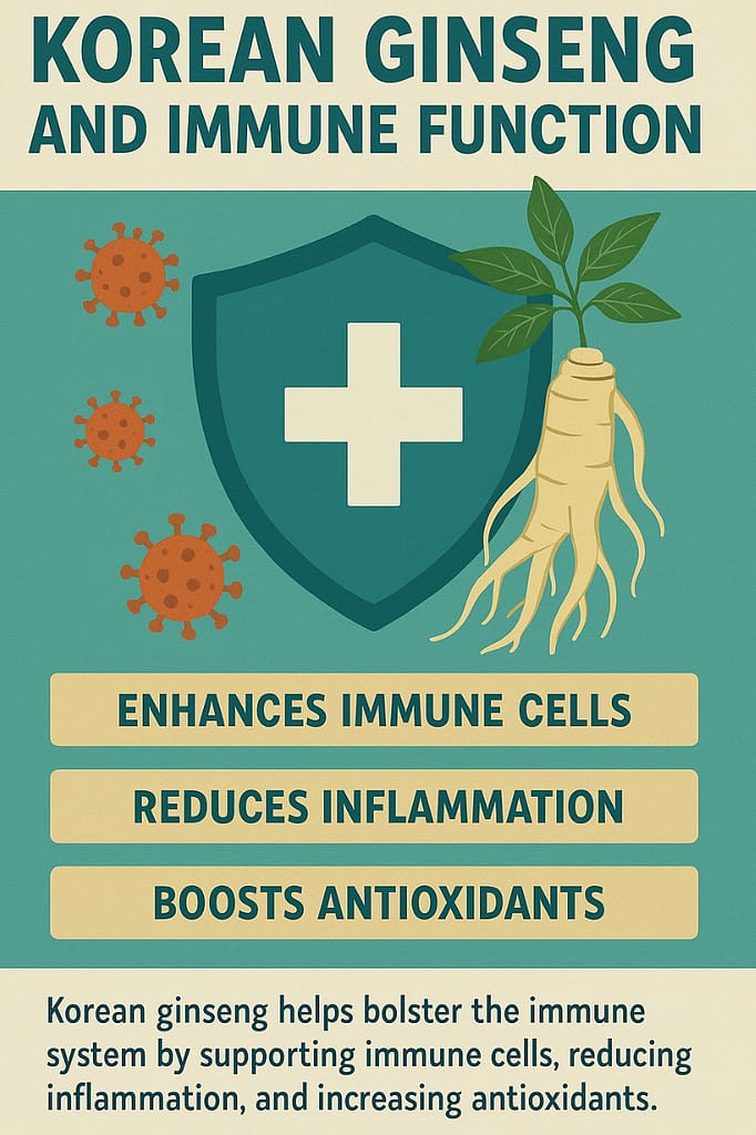 Korean Ginseng immune function infographic showing immune cell enhancement, reduced inflammation, and antioxidant support