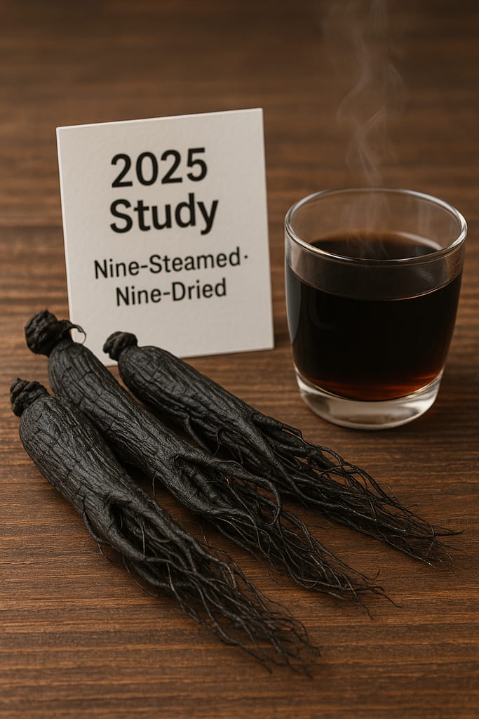 Black ginseng roots beside a steaming cup of dark ginseng tea and a card reading “Nine-Steamed · Nine-Dried – 2025 Study” on a wooden table