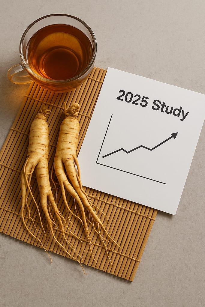 Korean ginseng roots with a steaming cup of tea and a minimalist page labeled “2025 Study” on a bamboo mat, editorial e-commerce hero