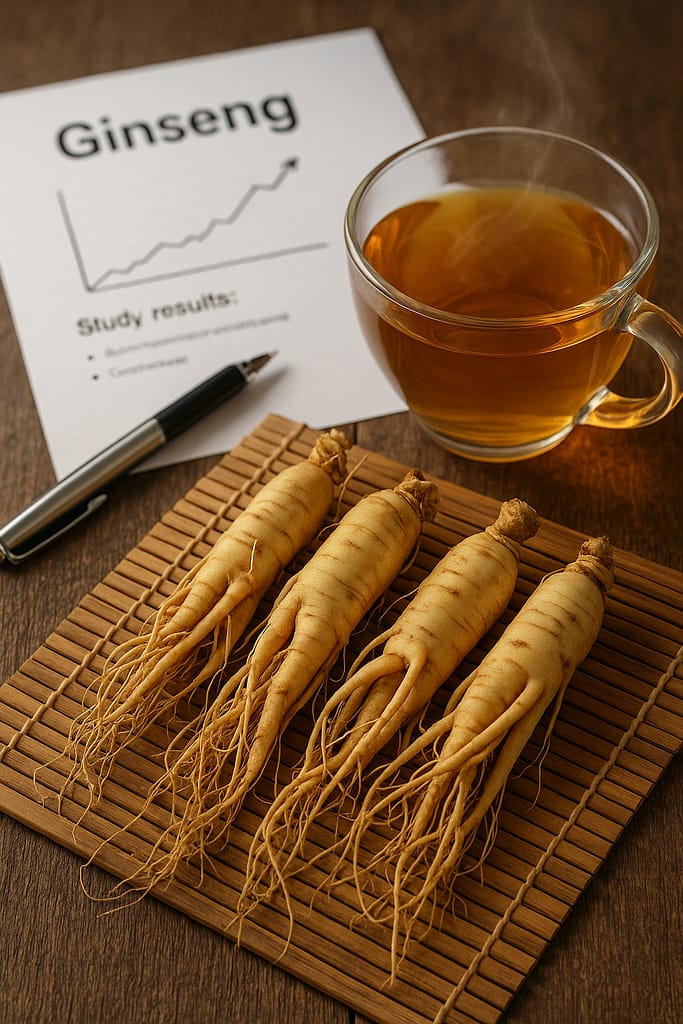Korean ginseng roots with a cup of ginseng tea and lab notes on a wooden surface, illustrating 2025 research findings