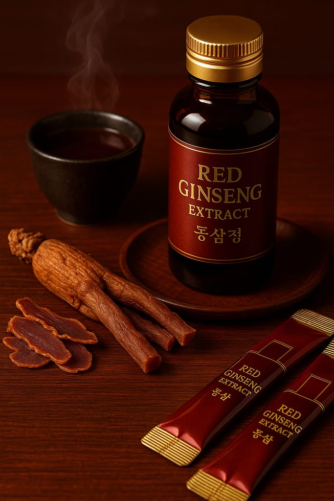 Korean red ginseng extract bottle with steaming tea, whole and sliced red ginseng roots, and stick packs on a wood surface