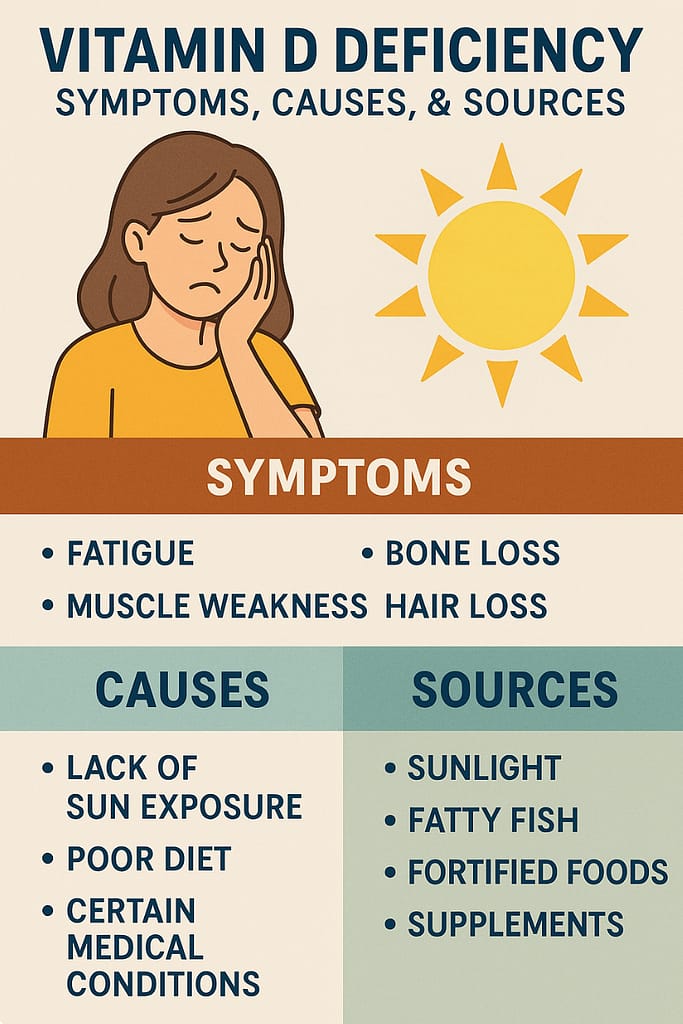 Infographic showing symptoms, causes, and sources of vitamin D deficiency
