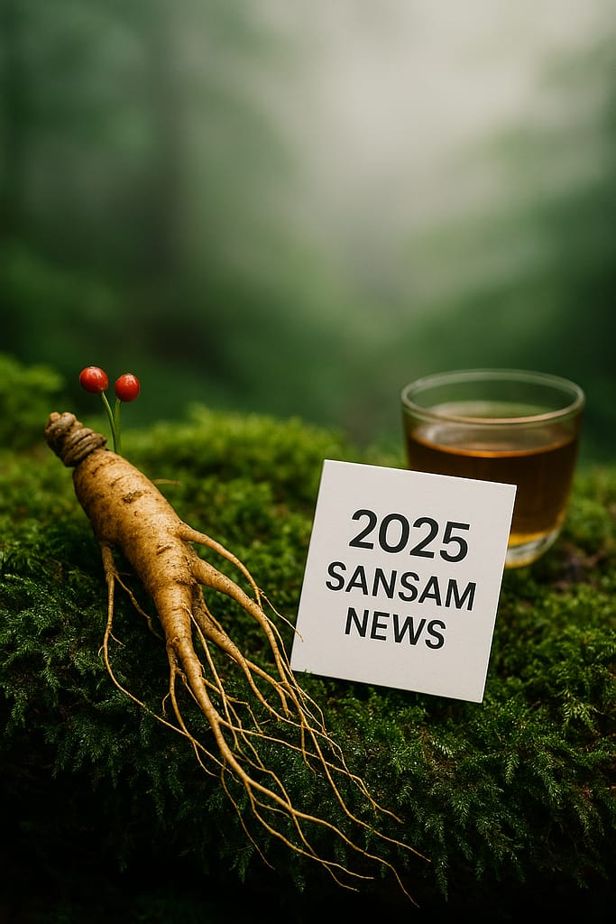 Wild Korean ginseng root with red berries on moss beside a glass of tea and a small “2025 Sansam News” card in a misty forest