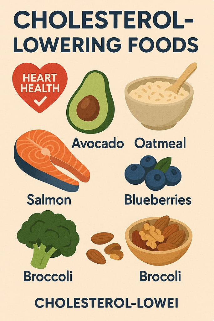 Infographic of cholesterol-lowering foods including avocado, oatmeal, salmon, blueberries, broccoli, and nuts