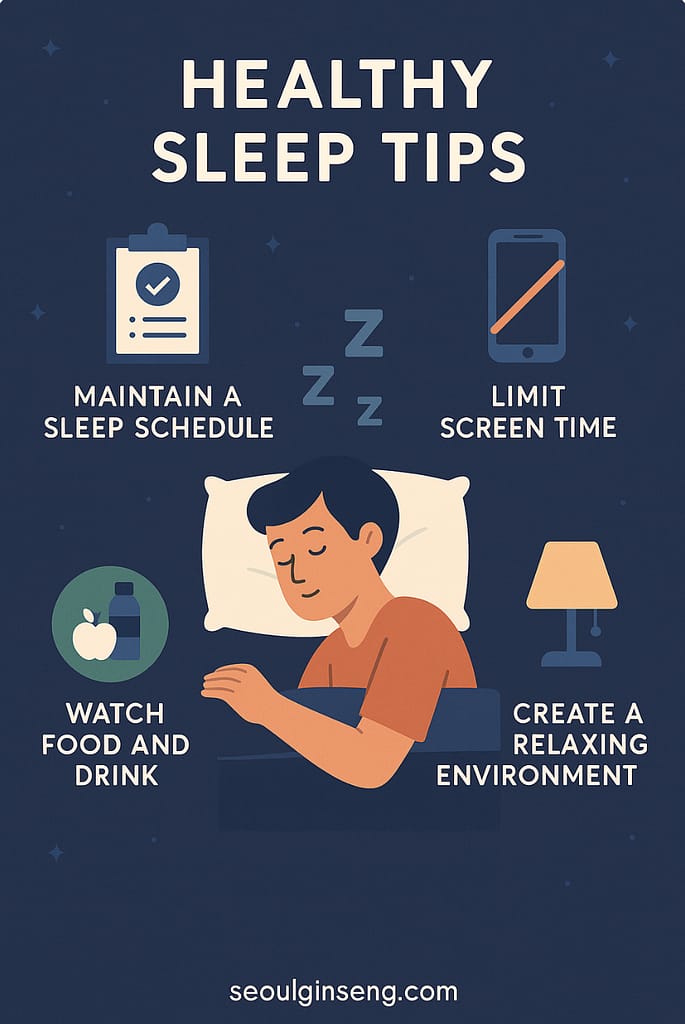 Infographic showing healthy sleep tips including consistent schedule, limiting screens, mindful eating, and relaxing environment