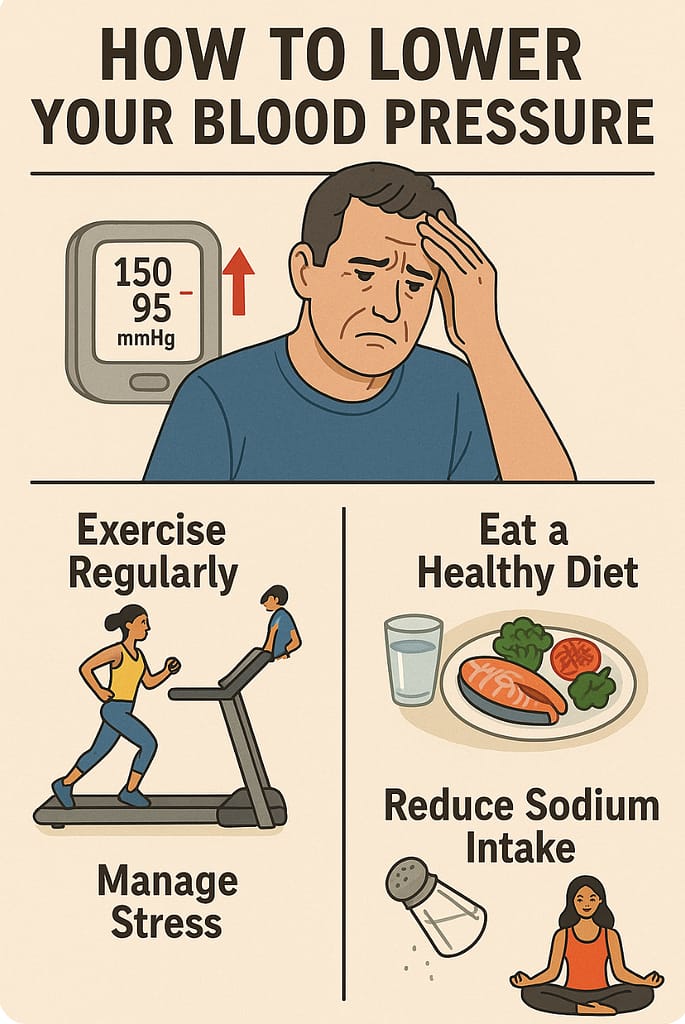 Illustration showing man with high blood pressure and lifestyle tips for managing hypertension.