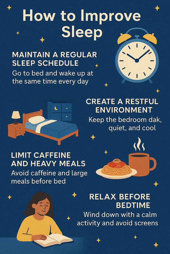 Infographic showing tips for better sleep including maintaining schedule, creating restful environment, limiting caffeine, and relaxing before bed