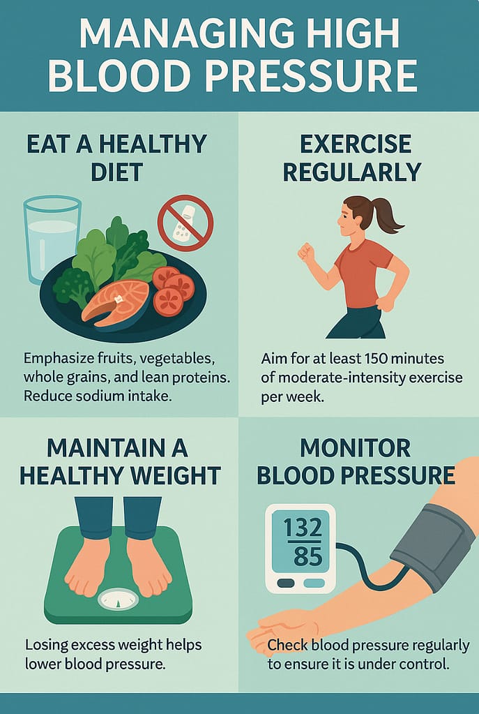 Infographic showing natural ways to manage high blood pressure through diet, exercise, and monitoring