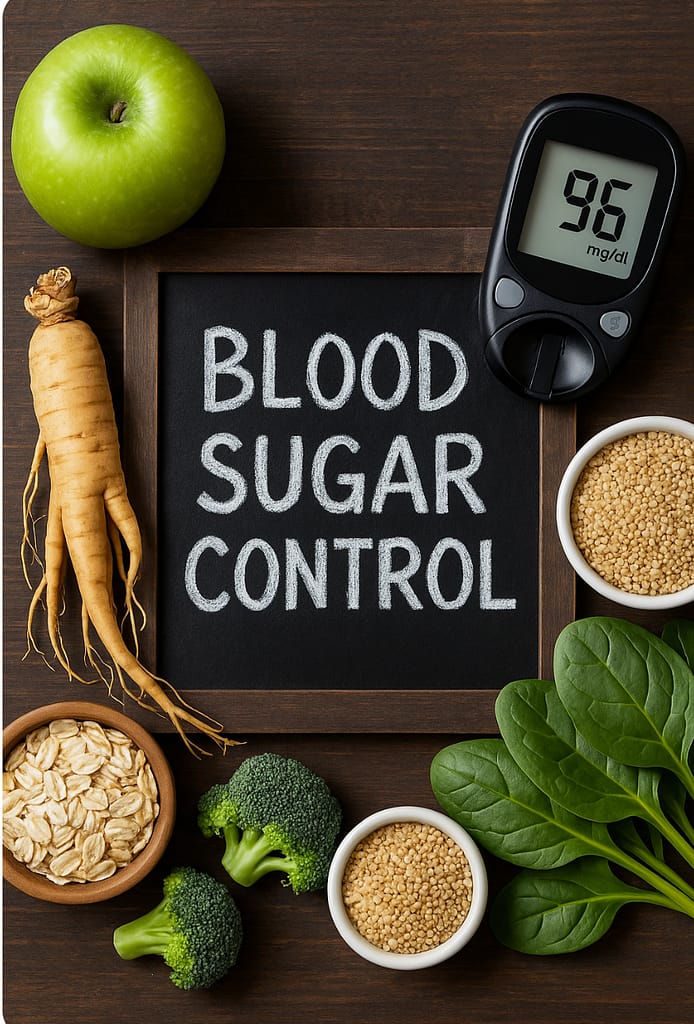 Blood sugar control concept with Korean ginseng root, glucose meter, and healthy foods