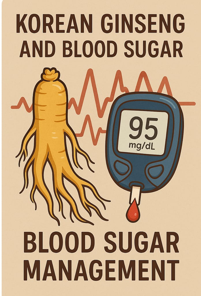 Korean ginseng root and glucometer symbolizing blood sugar management
