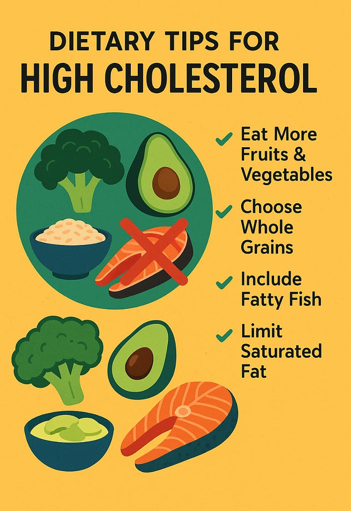 Infographic with heart-healthy foods and tips for lowering cholesterol