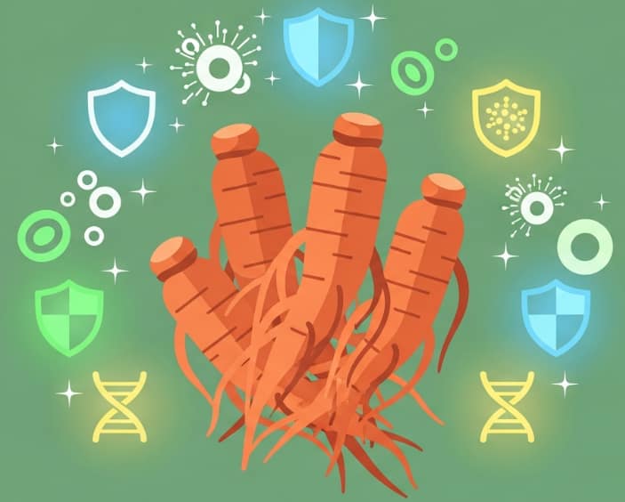 Korean Red Ginseng roots with immune shield icon symbolizing immune strength