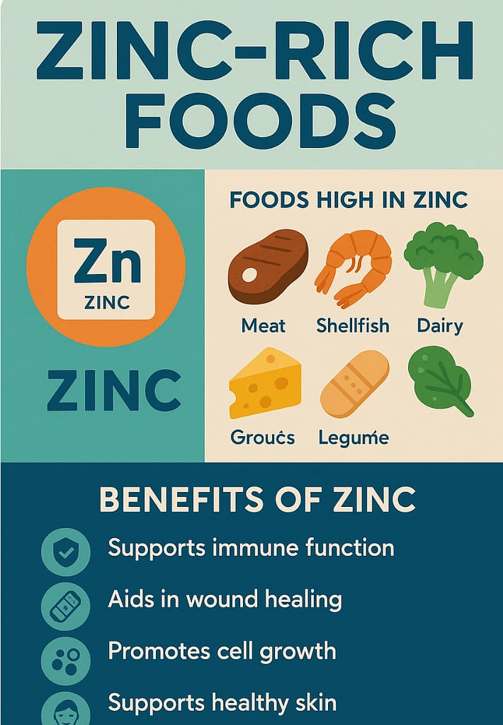 Infographic showing zinc-rich foods and health benefits