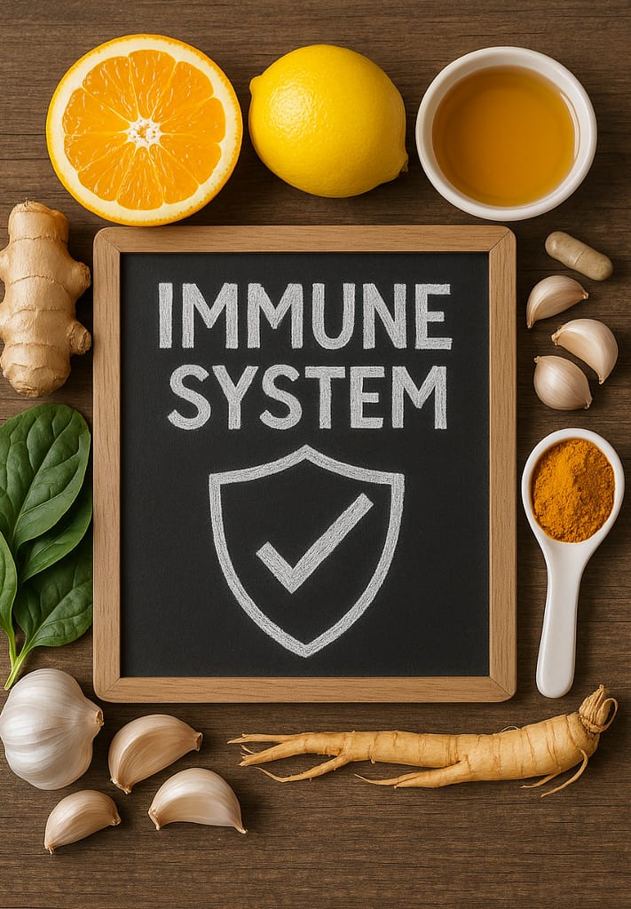 Chalkboard with “Immune System” surrounded by ginseng, garlic, citrus, and natural immune-boosting foods