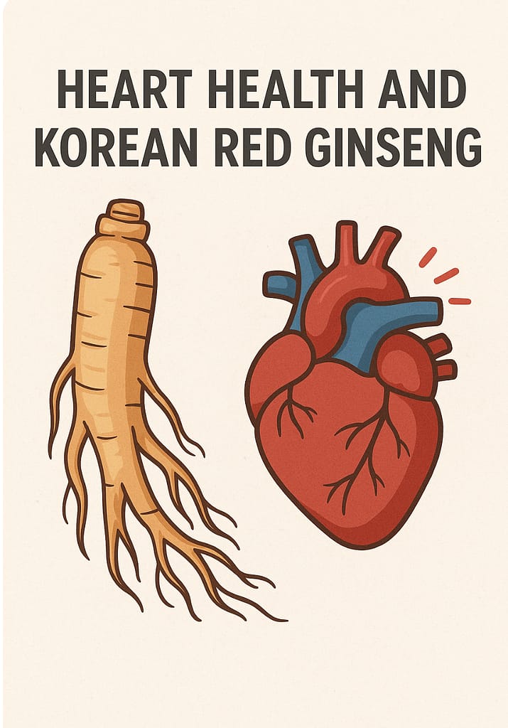 Korean Red Ginseng root and human heart illustration symbolizing cardiovascular health