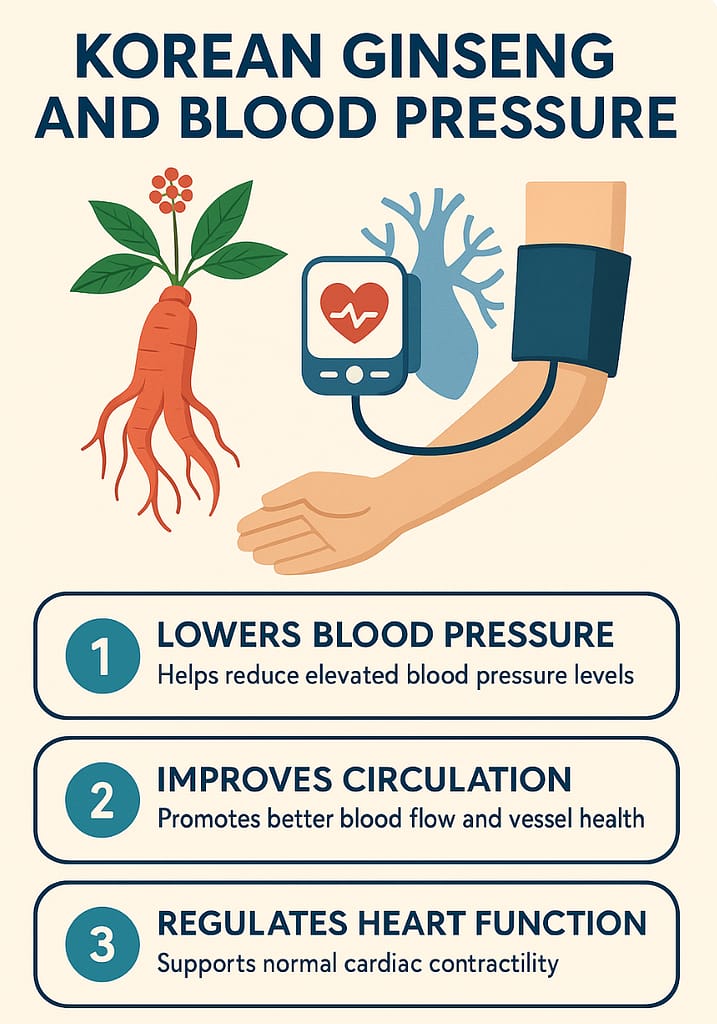 Infographic showing Korean Ginseng benefits for lowering blood pressure, improving circulation, and supporting heart function