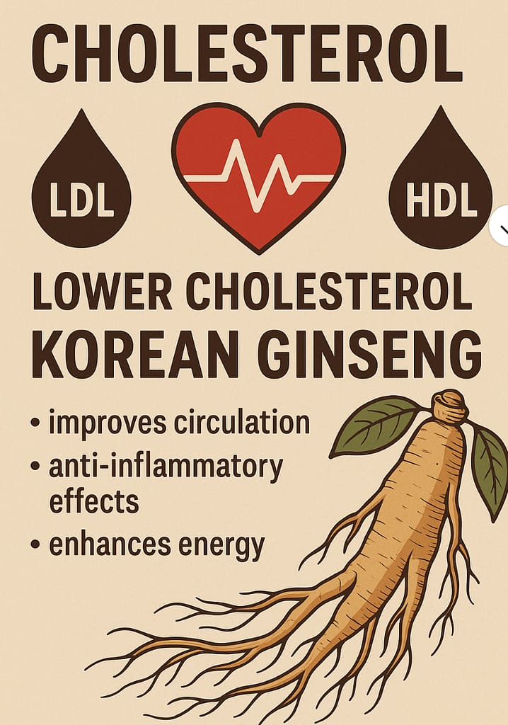 Infographic showing cholesterol health benefits of Korean ginseng, including LDL reduction, HDL increase, and improved circulation