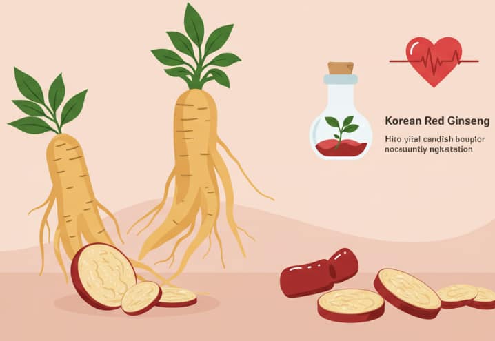 Korean Red Ginseng roots and tea beside a heart-shaped herbal dish symbolizing natural cardiovascular health